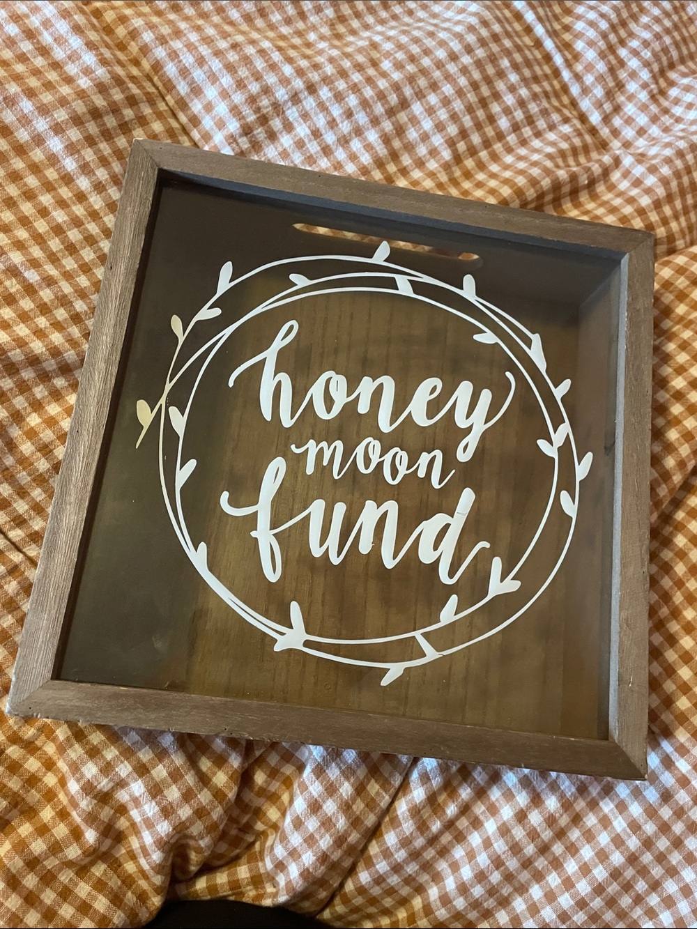 Honey Moon Fund Wooden Shadow Box - Brown with White Lettering